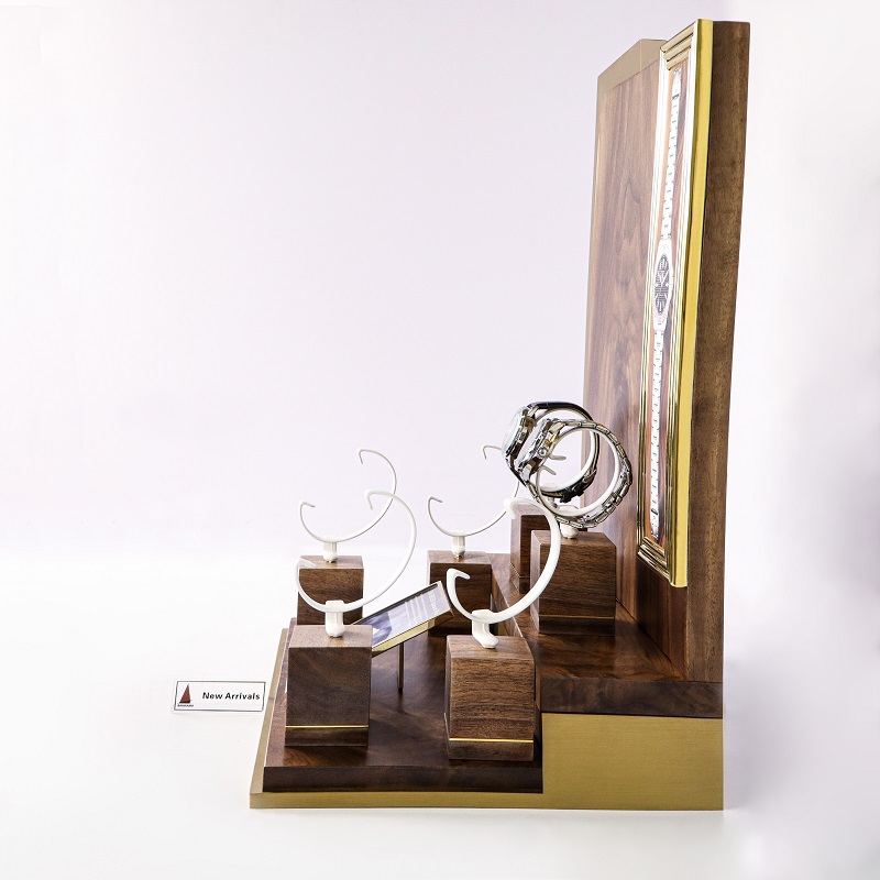 Luxury Walnut Wood Stainless Steel Watch Display Stand Side View Luxury Walnut Wood Stainless Steel Watch Display Stand Side View