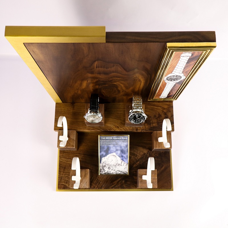 Luxury Walnut Wood Stainless Steel Watch Display Stand Top Angle Luxury Walnut Wood Stainless Steel Watch Display Stand Top Angle
