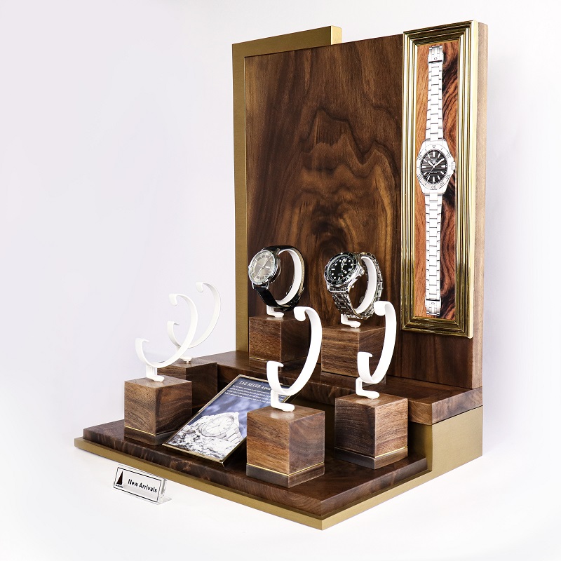 Luxury Walnut Wood Stainless Steel Watch Display Stand Perspective View Luxury Walnut Wood Stainless Steel Watch Display Stand Perspective View