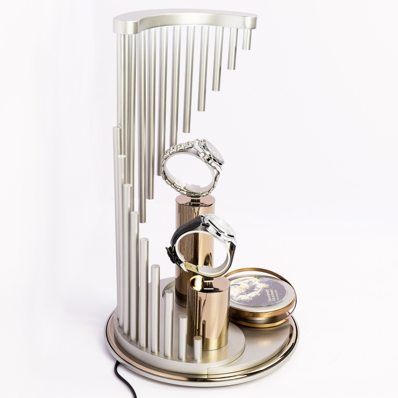 Luxury Stepped Aluminum Tube Lighted Watch Display Stand Luxury Stepped Aluminum Tube Lighted Watch Display Stand