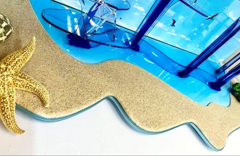 Close-up of resin-sealed real sand base texture and CNC diamond polished acrylic edge