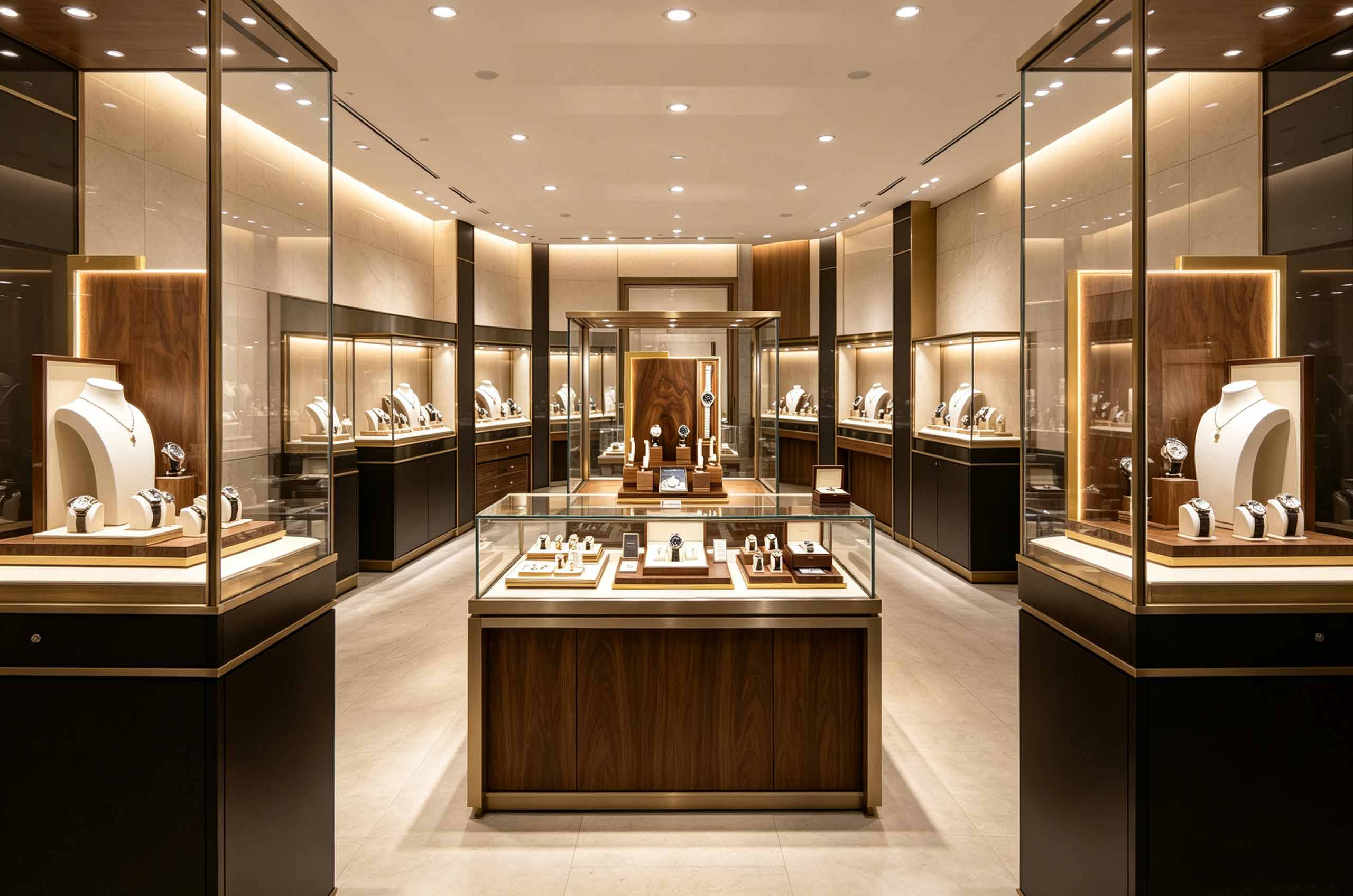 Luxury Watch Shop Window Display With Walnut Watch Stand Light luxury watch display showcase with black walnut wood, store window night scene for watch boutique