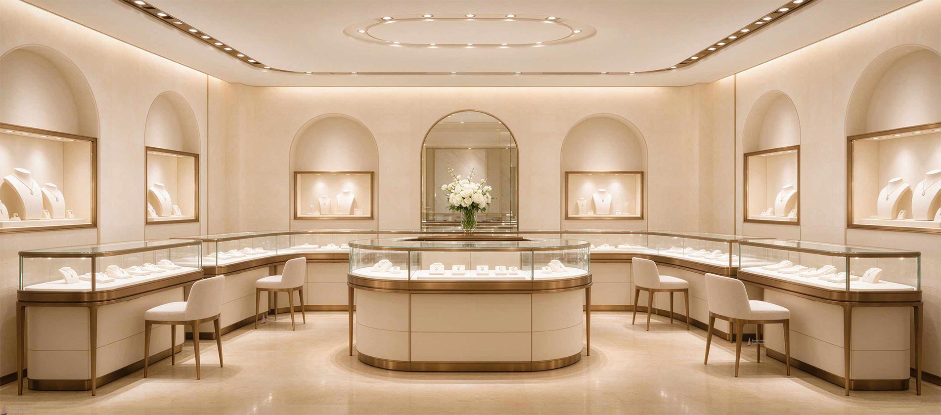 Luxury jewelry boutique interior with round glass display island and warm lighting